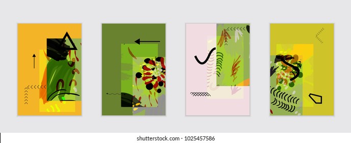Set of artistic abstract universal card templates with simple geometric shapes and hand drawn doodle texture. Social media web banner. Bright colored isolated on white background cover template.
