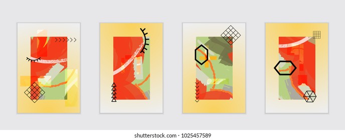 Set of artistic abstract universal card templates with simple geometric shapes and hand drawn doodle texture. Social media web banner. Bright colored isolated on white background cover template.