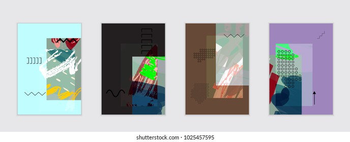 Set of artistic abstract universal card templates with simple geometric shapes and hand drawn doodle texture. Social media web banner. Bright colored isolated on white background cover template.