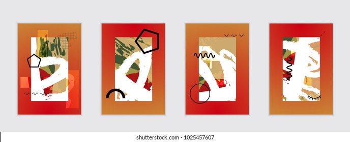 Set of artistic abstract universal card templates with simple geometric shapes and hand drawn doodle texture. Social media web banner. Bright colored isolated on white background cover template.