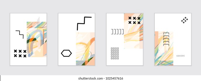 Set of artistic abstract universal card templates with simple geometric shapes and hand drawn doodle texture. Social media web banner. Bright colored isolated on white background cover template.