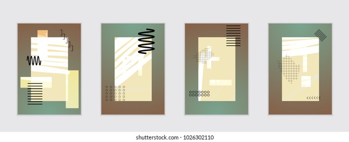 Set of artistic abstract universal card templates with simple geometric shapes and hand drawn doodle texture. Social media web banner. Bright colored isolated on white background cover template.