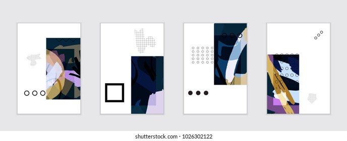 Set of artistic abstract universal card templates with simple geometric shapes and hand drawn doodle texture. Social media web banner. Bright colored isolated on white background cover template.