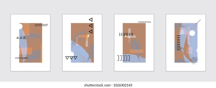 Set of artistic abstract universal card templates with simple geometric shapes and hand drawn doodle texture. Social media web banner. Bright colored isolated on white background cover template.