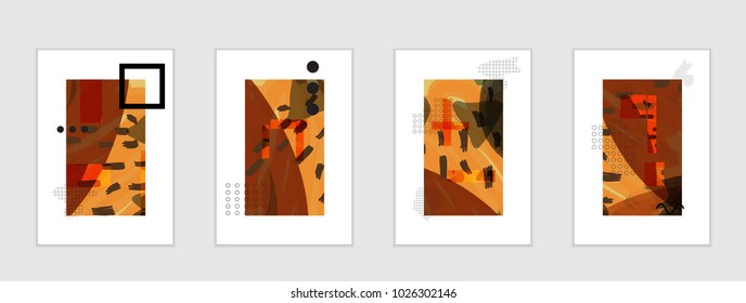 Set of artistic abstract universal card templates with simple geometric shapes and hand drawn doodle texture. Social media web banner. Bright colored isolated on white background cover template.