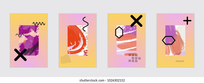 Set of artistic abstract universal card templates with simple geometric shapes and hand drawn doodle texture. Social media web banner. Bright colored isolated on white background cover template.