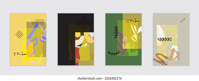 Set of artistic abstract universal card templates with simple geometric shapes and hand drawn doodle texture. Social media web banner. Bright colored isolated on white background cover template.