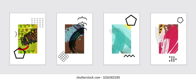 Set of artistic abstract universal card templates with simple geometric shapes and hand drawn doodle texture. Social media web banner. Bright colored isolated on white background cover template.