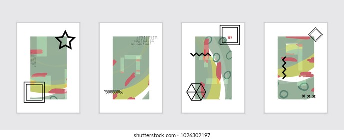 Set of artistic abstract universal card templates with simple geometric shapes and hand drawn doodle texture. Social media web banner. Bright colored isolated on white background cover template.