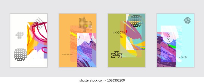 Set of artistic abstract universal card templates with simple geometric shapes and hand drawn doodle texture. Social media web banner. Bright colored isolated on white background cover template.