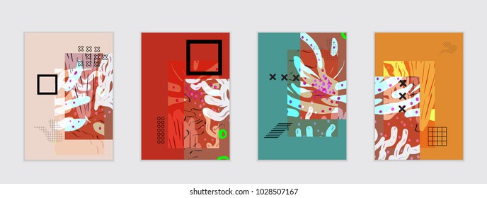Set of artistic abstract universal card templates with simple geometric shapes and hand drawn doodle texture. Social media web banner. Bright colored isolated on white background cover template.