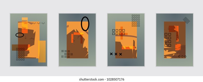 Set of artistic abstract universal card templates with simple geometric shapes and hand drawn doodle texture. Social media web banner. Bright colored isolated on white background cover template.