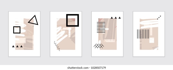 Set of artistic abstract universal card templates with simple geometric shapes and hand drawn doodle texture. Social media web banner. Bright colored isolated on white background cover template.
