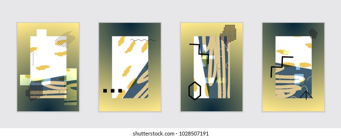 Set of artistic abstract universal card templates with simple geometric shapes and hand drawn doodle texture. Social media web banner. Bright colored isolated on white background cover template.