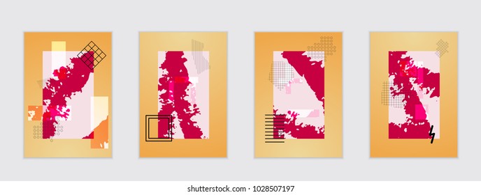 Set of artistic abstract universal card templates with simple geometric shapes and hand drawn doodle texture. Social media web banner. Bright colored isolated on white background cover template.