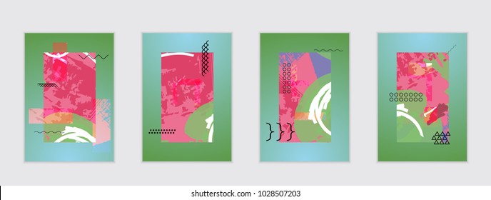 Set of artistic abstract universal card templates with simple geometric shapes and hand drawn doodle texture. Social media web banner. Bright colored isolated on white background cover template.