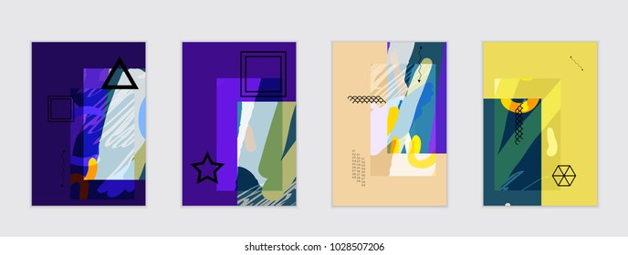 Set of artistic abstract universal card templates with simple geometric shapes and hand drawn doodle texture. Social media web banner. Bright colored isolated on white background cover template.