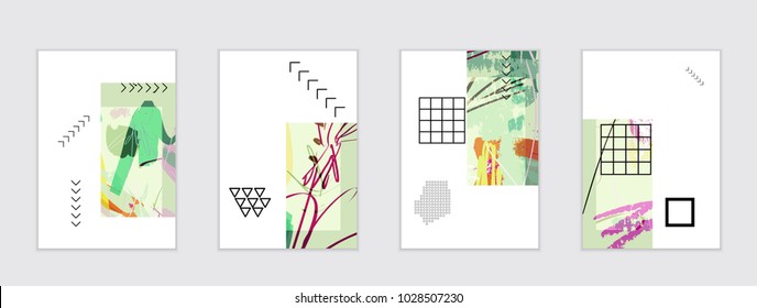 Set of artistic abstract universal card templates with simple geometric shapes and hand drawn doodle texture. Social media web banner. Bright colored isolated on white background cover template.