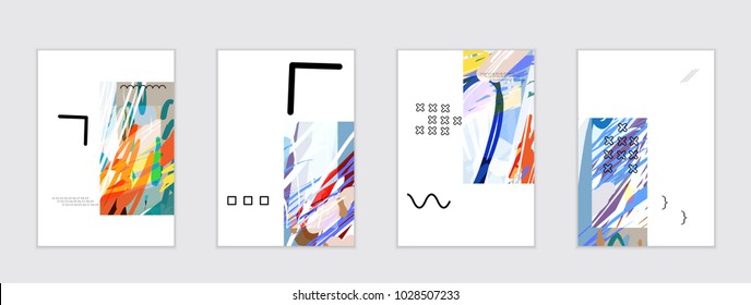Set of artistic abstract universal card templates with simple geometric shapes and hand drawn doodle texture. Social media web banner. Bright colored isolated on white background cover template.