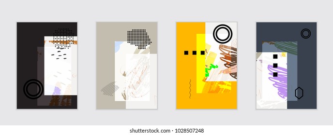 Set of artistic abstract universal card templates with simple geometric shapes and hand drawn doodle texture. Social media web banner. Bright colored isolated on white background cover template.