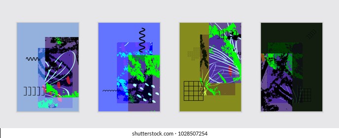 Set of artistic abstract universal card templates with simple geometric shapes and hand drawn doodle texture. Social media web banner. Bright colored isolated on white background cover template.