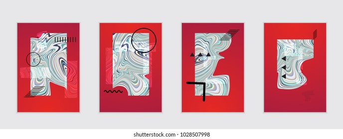 Set of artistic abstract universal card templates with simple geometric shapes and hand drawn doodle texture. Social media web banner. Bright colored isolated on white background cover template.