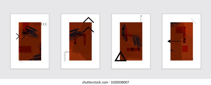 Set of artistic abstract universal card templates with simple geometric shapes and hand drawn doodle texture. Social media web banner. Bright colored isolated on white background cover template.