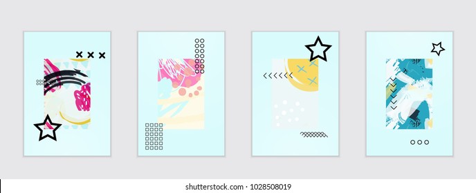 Set of artistic abstract universal card templates with simple geometric shapes and hand drawn doodle texture. Social media web banner. Bright colored isolated on white background cover template.