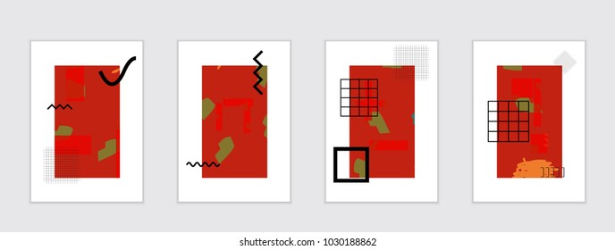 Set of artistic abstract universal card templates with simple geometric shapes and hand drawn doodle texture. Social media web banner. Bright colored isolated on white background cover template.