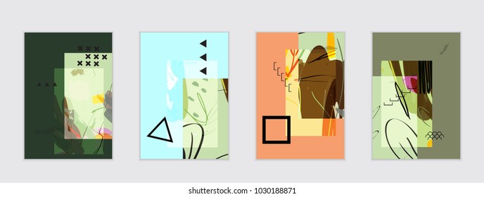 Set of artistic abstract universal card templates with simple geometric shapes and hand drawn doodle texture. Social media web banner. Bright colored isolated on white background cover template.