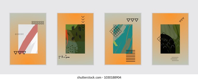 Set of artistic abstract universal card templates with simple geometric shapes and hand drawn doodle texture. Social media web banner. Bright colored isolated on white background cover template.