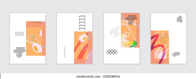 Set of artistic abstract universal card templates with simple geometric shapes and hand drawn doodle texture. Social media web banner. Bright colored isolated on white background cover template.