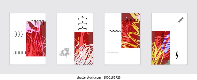 Set of artistic abstract universal card templates with simple geometric shapes and hand drawn doodle texture. Social media web banner. Bright colored isolated on white background cover template.