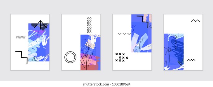 Set of artistic abstract universal card templates with simple geometric shapes and hand drawn doodle texture. Social media web banner. Bright colored isolated on white background cover template.