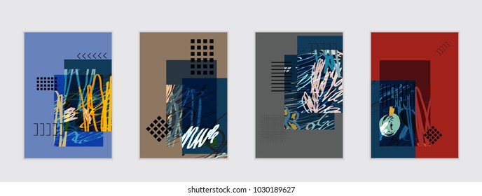 Set of artistic abstract universal card templates with simple geometric shapes and hand drawn doodle texture. Social media web banner. Bright colored isolated on white background cover template.