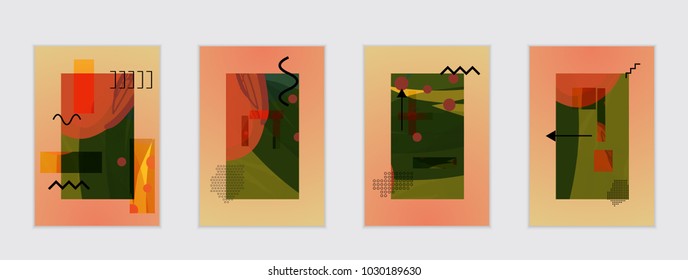 Set of artistic abstract universal card templates with simple geometric shapes and hand drawn doodle texture. Social media web banner. Bright colored isolated on white background cover template.