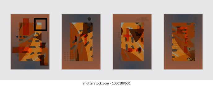 Set of artistic abstract universal card templates with simple geometric shapes and hand drawn doodle texture. Social media web banner. Bright colored isolated on white background cover template.