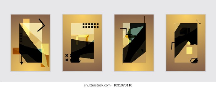 Set of artistic abstract universal card templates with simple geometric shapes and hand drawn doodle texture. Social media web banner. Bright colored isolated on white background cover template.