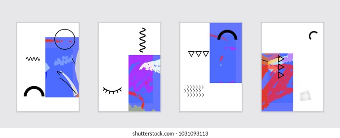 Set of artistic abstract universal card templates with simple geometric shapes and hand drawn doodle texture. Social media web banner. Bright colored isolated on white background cover template.