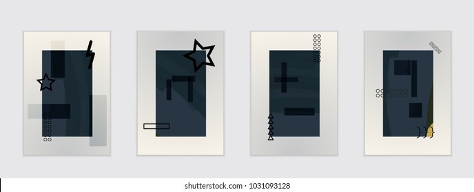 Set of artistic abstract universal card templates with simple geometric shapes and hand drawn doodle texture. Social media web banner. Bright colored isolated on white background cover template.