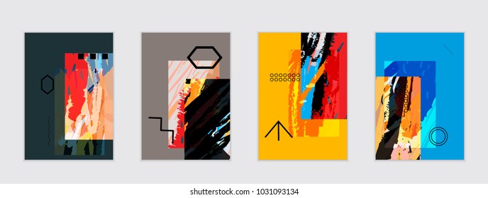 Set of artistic abstract universal card templates with simple geometric shapes and hand drawn doodle texture. Social media web banner. Bright colored isolated on white background cover template.