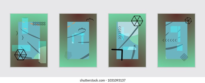 Set of artistic abstract universal card templates with simple geometric shapes and hand drawn doodle texture. Social media web banner. Bright colored isolated on white background cover template.