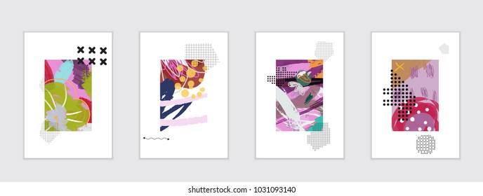 Set of artistic abstract universal card templates with simple geometric shapes and hand drawn doodle texture. Social media web banner. Bright colored isolated on white background cover template.