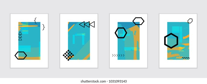 Set of artistic abstract universal card templates with simple geometric shapes and hand drawn doodle texture. Social media web banner. Bright colored isolated on white background cover template.