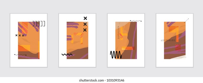 Set of artistic abstract universal card templates with simple geometric shapes and hand drawn doodle texture. Social media web banner. Bright colored isolated on white background cover template.