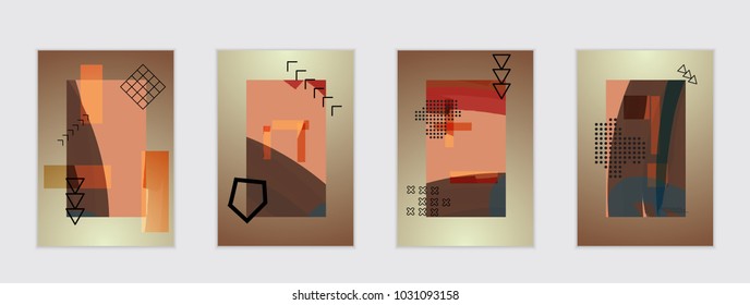 Set of artistic abstract universal card templates with simple geometric shapes and hand drawn doodle texture. Social media web banner. Bright colored isolated on white background cover template.