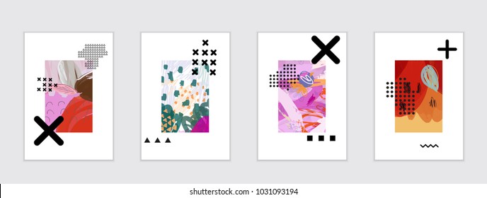 Set of artistic abstract universal card templates with simple geometric shapes and hand drawn doodle texture. Social media web banner. Bright colored isolated on white background cover template.