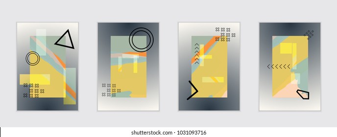 Set of artistic abstract universal card templates with simple geometric shapes and hand drawn doodle texture. Social media web banner. Bright colored isolated on white background cover template.