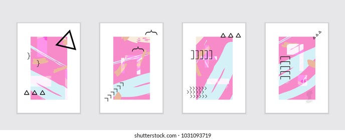 Set of artistic abstract universal card templates with simple geometric shapes and hand drawn doodle texture. Social media web banner. Bright colored isolated on white background cover template.