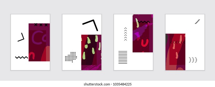Set of artistic abstract universal card templates with simple geometric shapes and hand drawn doodle texture. Social media web banner. Bright colored isolated on white background cover template.